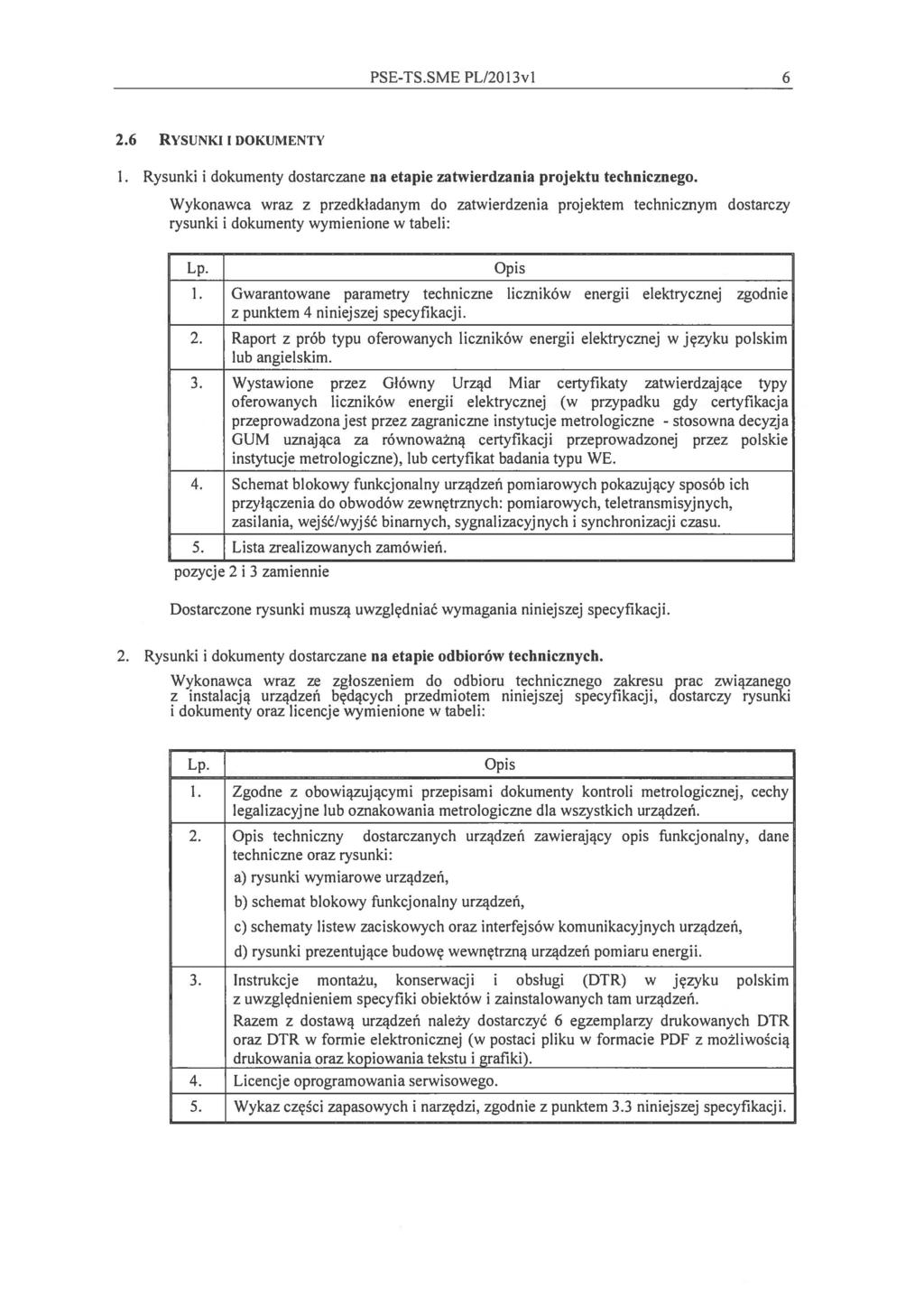 PSE-TS.SME PL/2013vl 6 2.6 RYSUNKI I DOKUMENTY 1. Rysunki i dokumenty dostarczane na etapie zatwierdzania projektu technicznego.