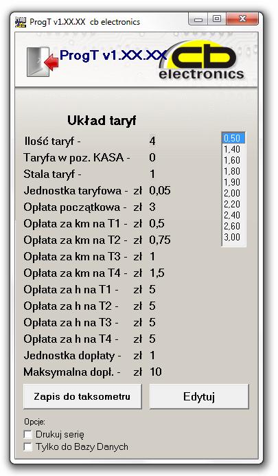 4. Zapis układu taryf do taksometru (zakładka TAKSOMETR ). Okno zapisu układu taryf. Po prawej stronie okna wyświetlona jest predefiniowana lista gotowych układów taryf.