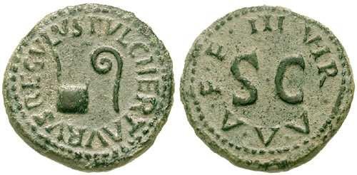 22 Kwadrans, Oktawian August (RIC I, 424 ) Awers: Simpulum i lituus, PVLCHER TAVRVS REGVLVS Rewers: III VIR AAAFF,
