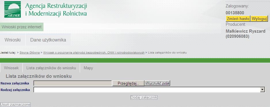 Dodanie załączników do wniosku Jan Nowak 012345678 Wszystkie załączniki (wymagające bądź nie wymagające podpisu osób trzecich) rolnik będzie mógł dołączyd do wniosku poprzez wybranie konkretnego