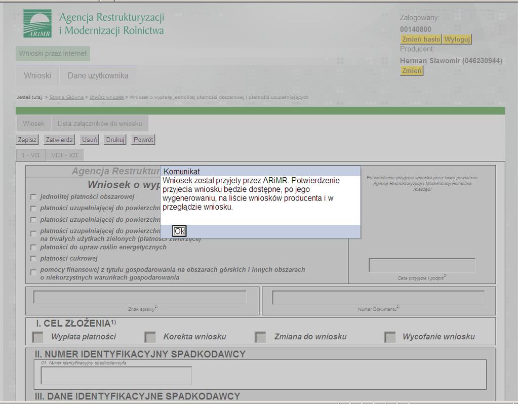 Wniosek o wypłatę Komunikat informujący o przyjęciu wniosku