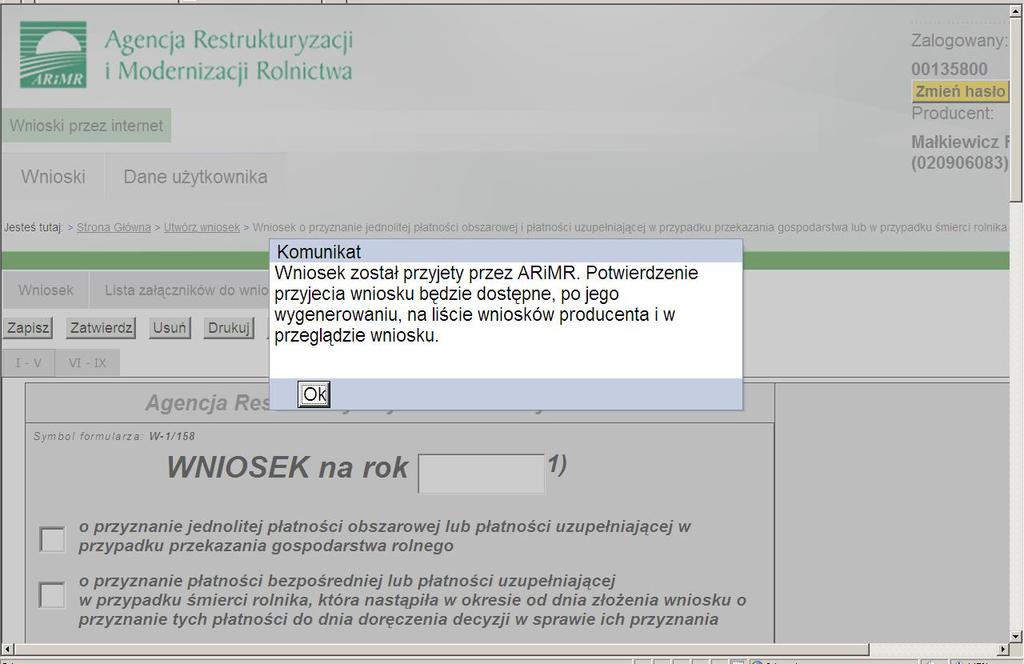 Wniosek o przyznanie płatności w przypadku przekazania gospodarstwa albo w przypadku śmierci rolnika albo następstwa