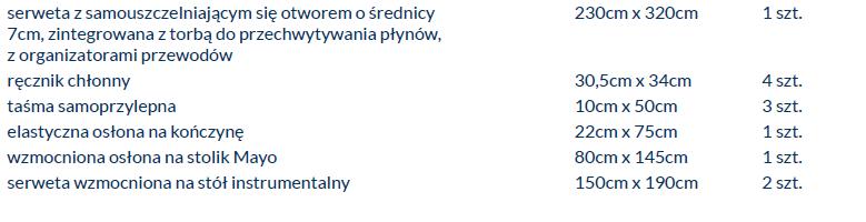 1 x wzmocniona osłona (serweta) na stolik Mayo o wymiarach 80 cm x 140 cm wykonana z folii PE o gramaturze 50 g/m2 oraz włókniny chłonnej w obszarze wzmocnionym, łączna gramatura w strefie