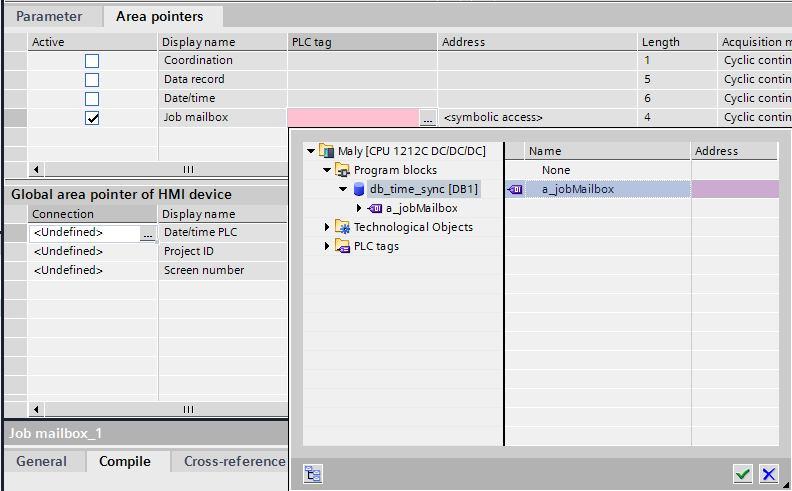 Konfiguracja funkcji Job mailbox Należy przejść do opcji Connections panelu HMI. Następnie w zakładce Area pointers zaznaczyć pole Job mailbox. W pozycji PLC Tag wybrać utworzoną tablice danych.