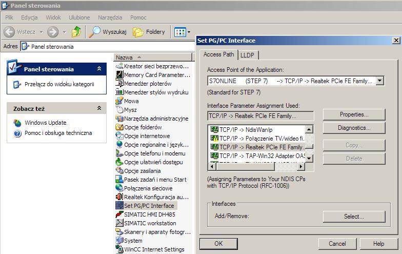 3.1 Ustawienie połączenia w PG/PC Interface Ustawienie odpowiedniego połączenia w Set PG/PC Interface zapewnia komunikację między sterownikiem PLC a symulacją runtime (RT).