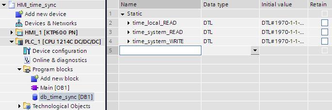 4 Synchronizacja czasu HMI i S7-1200 Przypadek A 4.1 Konfiguracja zmiennych Blok danych W oknie Project tree należy wybrać Program blocks, a następnie Add new block. Nadać nazwę np. db_time_sync.