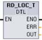 RD_LOC_T (Read Local Time) odczytuje bieżący czas lokalny PLC w formacie DTL.
