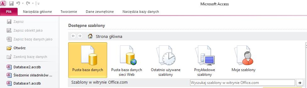 Uruchomienie programu Access 2010 Z folderu Microsoft Office wybieramy ikonę Microsoft