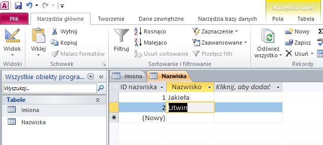 Tworzenie tabeli łączącej Autorzy Postępujemy podobnie ja przy tworzeniu tabeli Imiona.