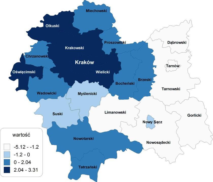 Mapa 1. Wskaźnik syntetyczny sytuacji społecznej w Małopolsce źródło: opracowanie własne.