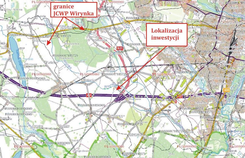 Rysunek 2. Lokalizacja na obszarze Jednolitej Części Wód Powierzchniowych Cybina. Celem dla tej JCWP jest osiągnięcie dobrego stanu chemicznego i dobrego stanu ekologicznego.