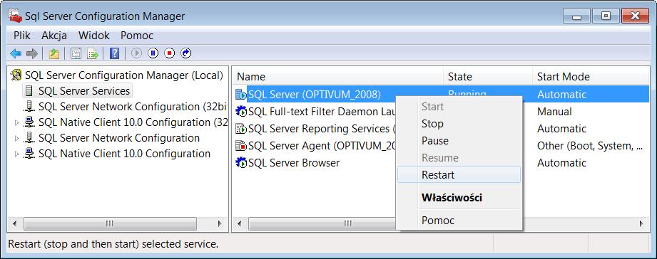 Instalacja i konfiguracja Microsoft SQL Server 2008 R2 Express 10/11 6. Zrestartuj serwer. W drzewie danych wybierz gałąź SQL Server Services.