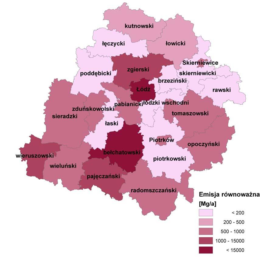 31 Mapa 9. Emisja równoważna ze źródeł punktowych w poszczególnych powiatach województwa łódzkiego w 2006r.