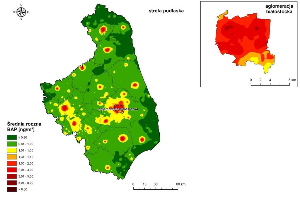 Jakość powietrza w woj. podlaskim Tab. Zanieczyszczenia dla których normy jakości powietrza zostały przekroczone w 2017 r.