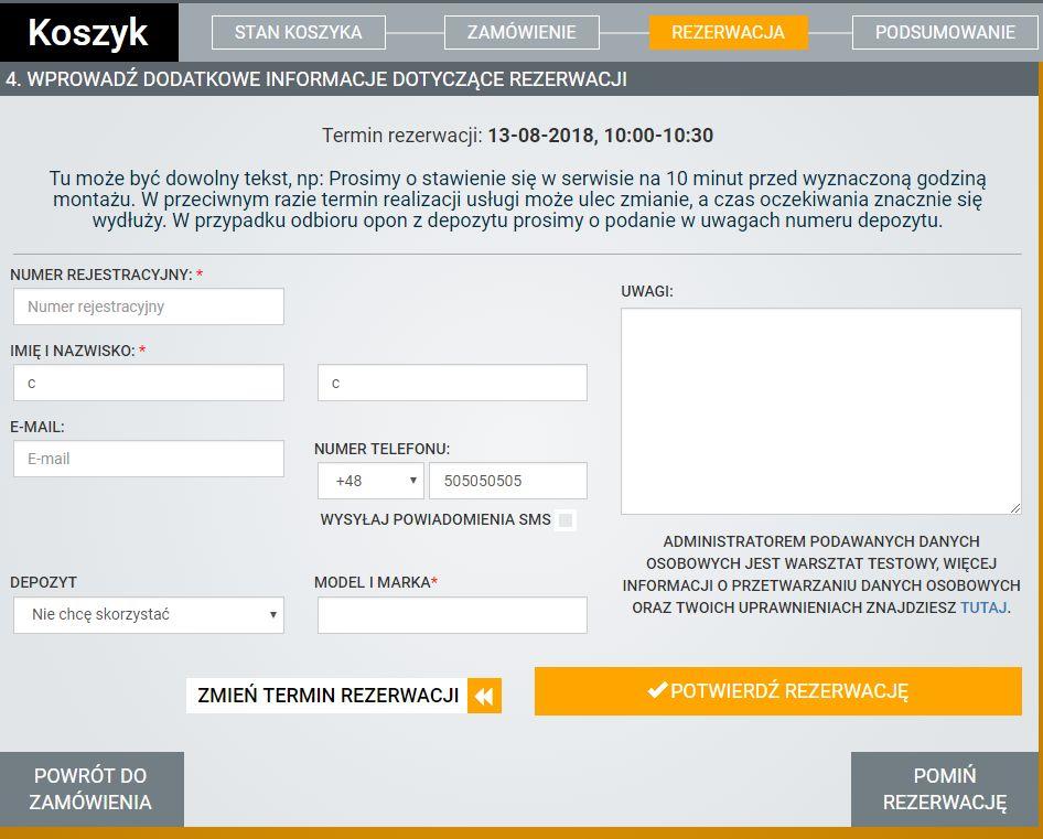 Jeśli na tym etapie chcesz jeszcze zmienić termin rezerwacji usługi możesz to zrobić przez Z MIEŃ TERMIN REZERWACJI. Możesz także dodać komentarz do rezerwacji ( UWAGI ).