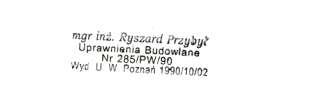 4 Września dnia 28 września 2013 OŚWIADCZENIE Ja niżej podpisany: Ryszard Przybył jako opracowujący posiadający uprawnienia budowlane nr 285/PW/90 wydane przez Urząd Wojewódzki w Poznaniu.