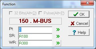 Następnie wykorzystać funkcję 150 i stworzyć tabelę modbus master np.: Pt: port po którym odbywa się komunikacja SR: rejestr tabeli modbus master WR: rejestr roboczy.