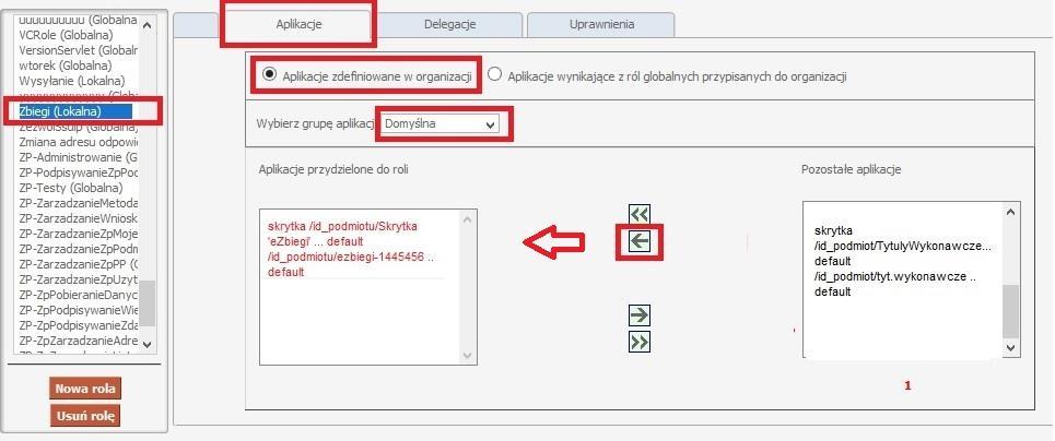 Krok 4 Po przejściu do zakładki Uprawnienia wybieramy grupę aplikacji Domyślna i wskazujemy aplikacje skrytka /id_podmiotu/skrytka ezbiegi, następnie przeciągamy po kolei wszystkie uprawnienia do