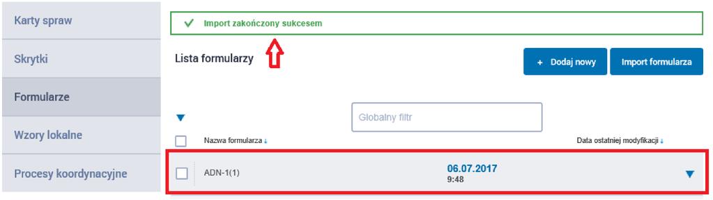 Po poprawnym imporcie powinien pojawić się komunikat Import