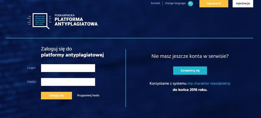 Logowanie do systemu W celu zalogowania się do systemu antyplagiatowego Podkarpackiej Platformy Antyplagiatowej należy w przeglądarce internetowej