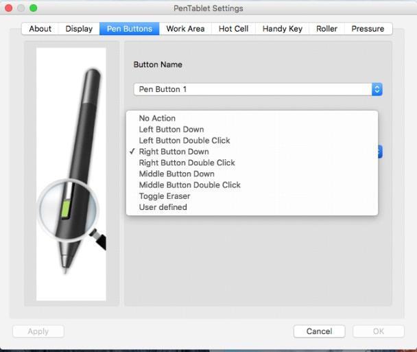 3.Pen Buttons 4.Working Area Button Name, Mouse Command: Możesz tutaj zaprogramować funkcje przycisków piórka. Wybierz z listy nazwę przycisku a następnie z listy poniżej funkcje.