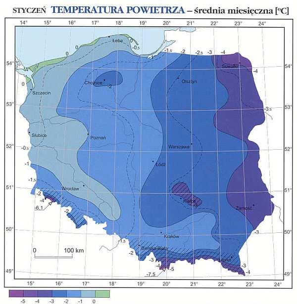 Obszary o wartościach temperatury wyższych od -1,0 o C w nizinnej części kraju obejmują Nizinę Śląska, zachodnią część Niziny Wielkopolskiej, Pojezierza Wielkopolskiego i Pomorskiego oraz Pobrzeże