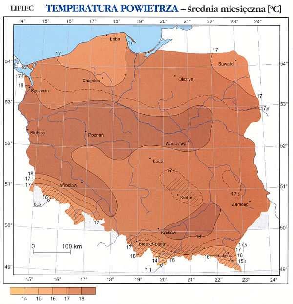 w zachodniej części Kotliny Sandomierskiej. Najwyższą średnią wartość temperatury powietrza 18,4 o C zanotowano w Opolu.