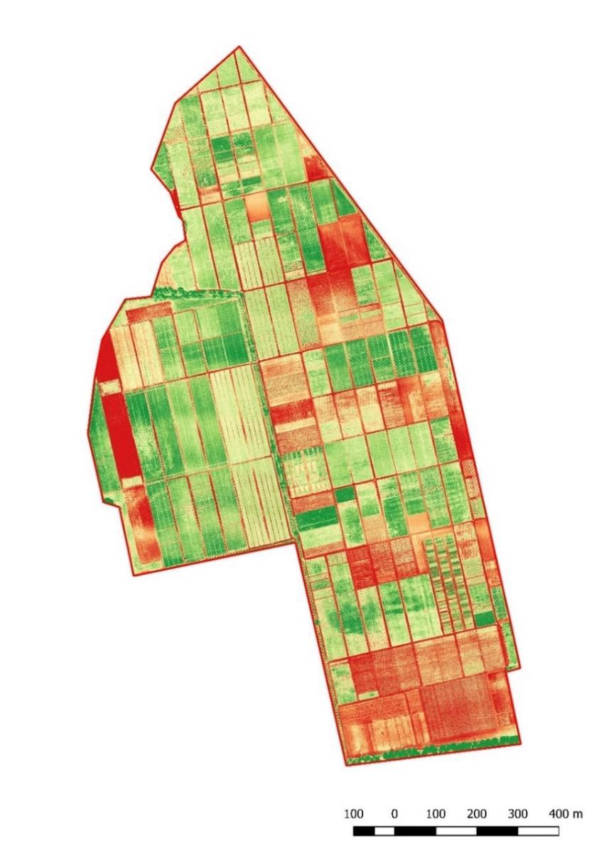 Porównanie jakości danych pozyskiwanych z poziomu satelitarnego (10-30 m/ piksel), a dane dronowe (10 cm/ piksel) Rysunek 1. Obraz terenu PSD Winna Góra pozyskany z poziomu satelitarnego (800 km.n.p.g.), przekształconego na wskaźnik NDVI (ang.