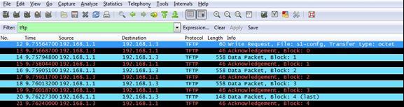 Zatrzymaj przechwytywanie w programie Wireshark. e. Ustaw filtr na tftp. Wynik komendy powinien być podobny do przykładu przedstawionego poniżej.