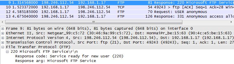 zawiera bit SYN? Po ustanowieniu sesji TCP, może wystąpić ruch FTP pomiędzy komputerem PC i serwerem FTP.