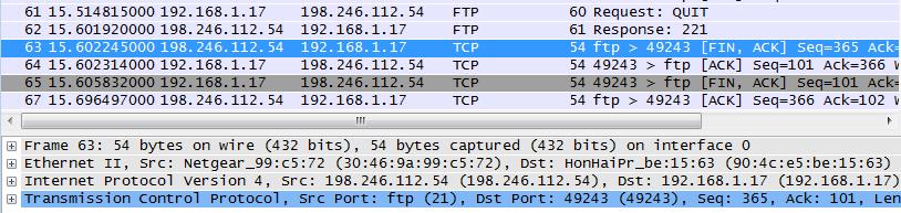 Zastosuj ponownie filtr TCP w Wireshark aby zbadać zakończenie sesji TCP. Cztery pakiety są transmitowane dla zakończenia sesji TCP.