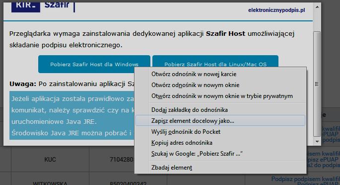 4.3.2. Instrukcja instalacji Szafir Host przy użyciu przeglądarki Firefox 1. Klikamy prawym przyciskiem myszy w Pobierz Szafir Host dla Windows. 2.