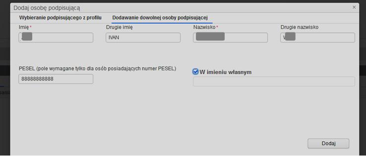 uruchamiamy przycisk Dodaj. Wówczas wybrane lub dodane nazwisko trafi na listę z podpisami (dalej patrz pkt.