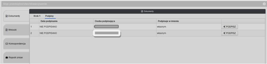 W przypadku wyboru osoby prawnej, na listę z podpisami trafią wszyscy reprezentanci osoby prawnej. Po wybraniu osób do podpisu dokumentu lista ta może przedstawiać się jak niżej.