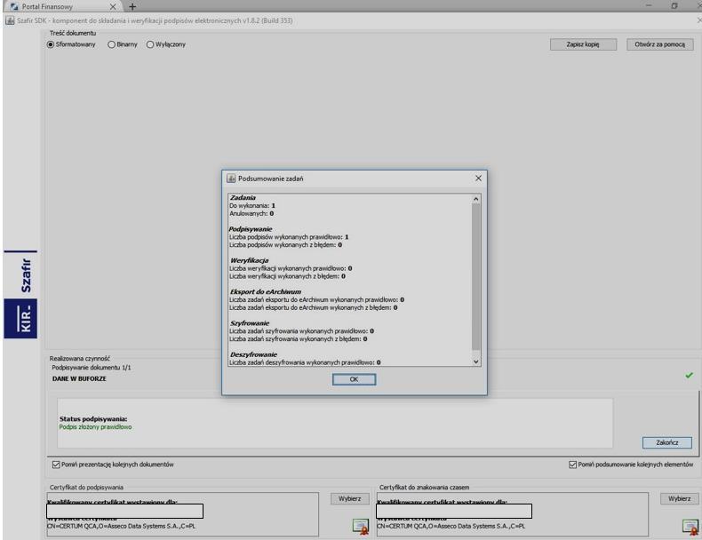 9) Po uruchomieniu przycisku OK, a tym samym prawidłowym dokonaniu podpisu