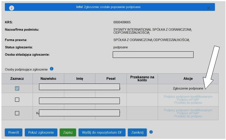 Zgłoszenie zostało poprawnie podpisane, a w tabeli Osoby podpisujące zgłoszenie