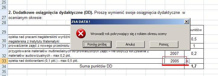 e) W razie przypadkowego wprowadzenia roku, który nie pokrywa się z rokiem ocenianego okresu, program poinformuje