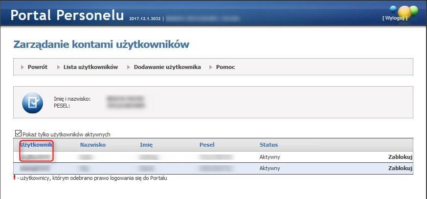 16 Przykładowe okno Portalu Personelu Wówczas nastąpi przejście do okna Zarządzanie kontami użytkowników.