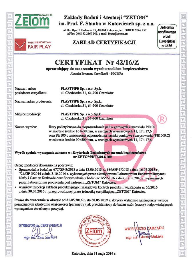 Certyfikaty Certyfikat nr 42/16/Z -