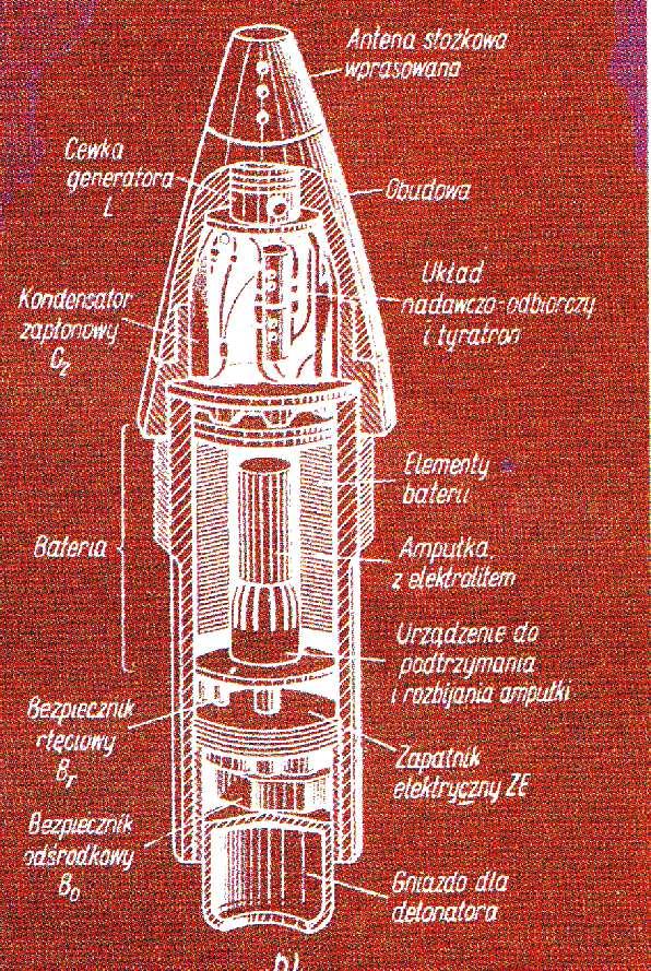 Rys. 15 Zapalnik zbliżeniowy VT Mk 32. /NTW 12/2004/ Trzeba przy tym zaznaczyć, że układ elektroniczny zapalnika zbudowany został w oparciu o lampy elektronowe w szklanych obudowach.