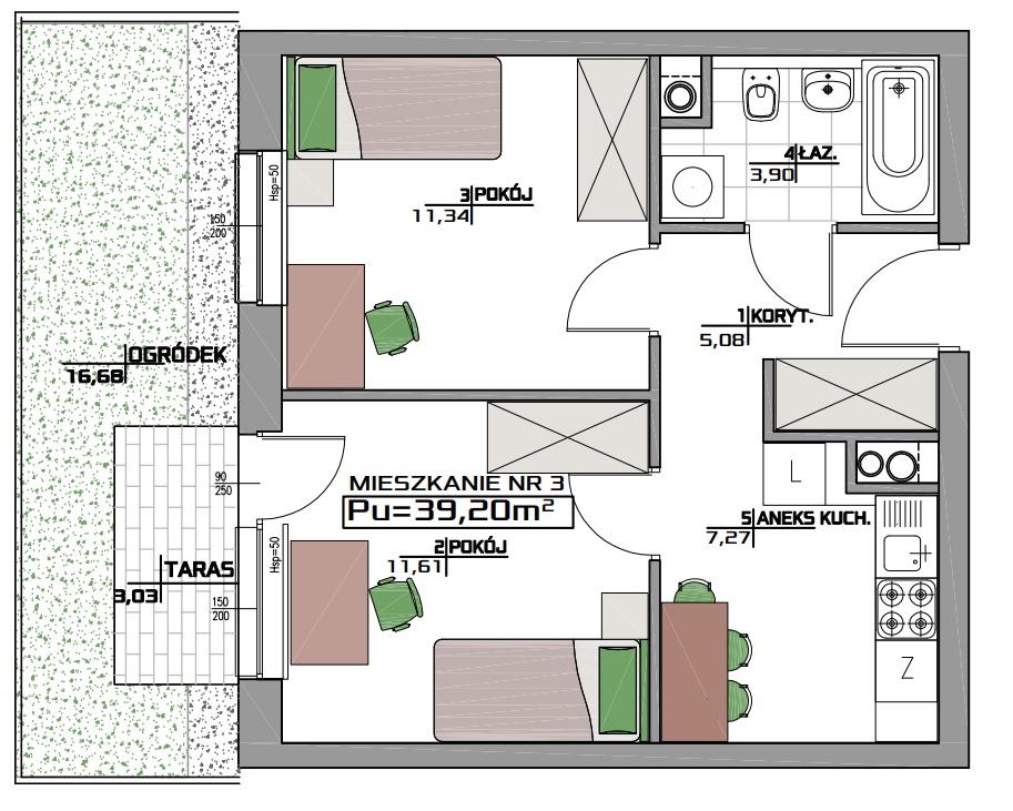 096zł brutto; Mieszkanie nr 3 na parterze z ogródkiem