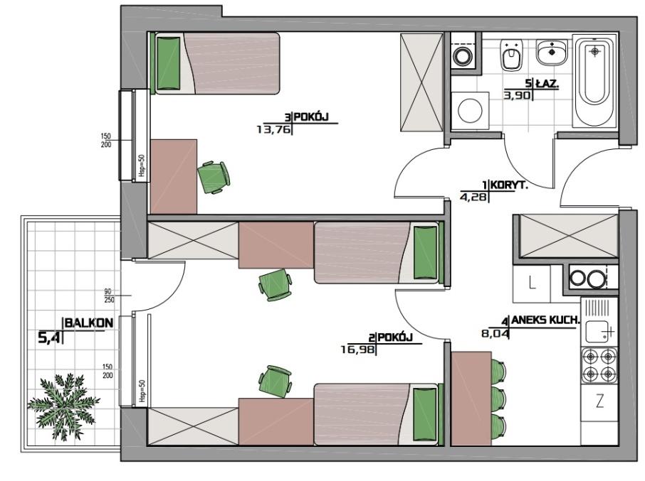 Mieszkanie nr 8 na 1 piętrze (46,96m2) 2 pokoje z aneksem kuchennym do wynajęcia dla 2 lub 3 osób 260 315zł brutto; Mieszkanie nr 13 i 18 na 2 i