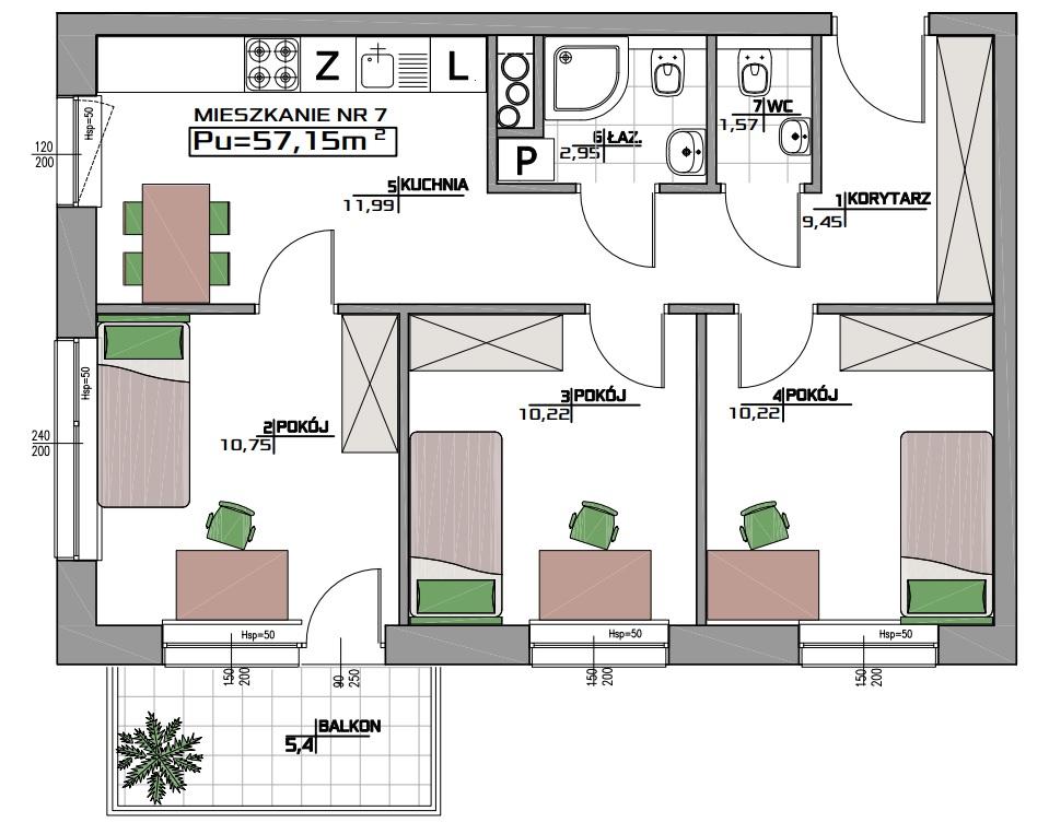 Mieszkanie nr 7 na 1 piętrze (57,15m2) 3 pokoje z kuchnią 318 175zł brutto; (balkon od wschodu) Mieszkanie nr 17 na 3 piętrze (57,15m2) 3 pokoje z