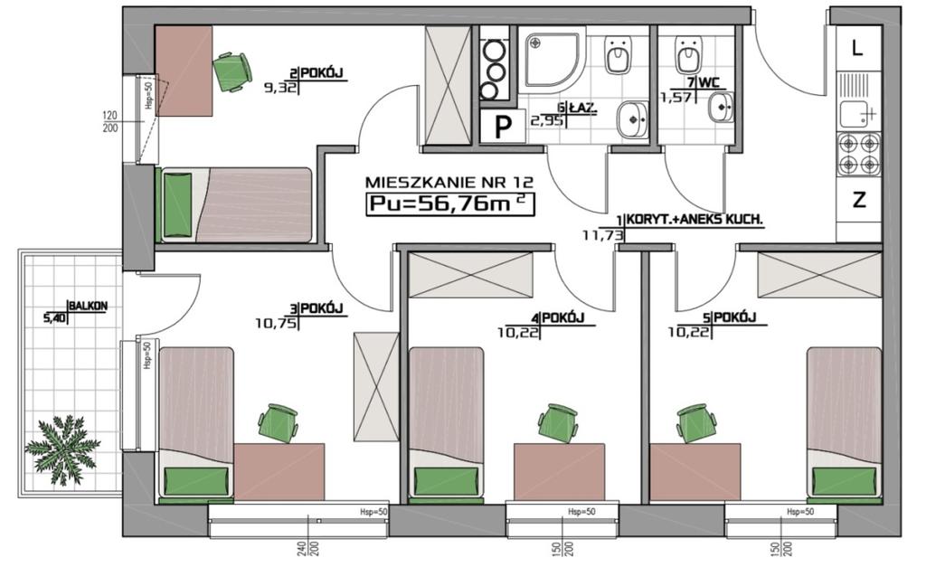 MIESZKANIA CZTEROPOKOJOWE Mieszkanie nr 12 na 2 piętrze (56,76m2) 4 pokoje z aneksem kuchennym 323 960zł brutto; (balkon od południa) Mieszkanie nr