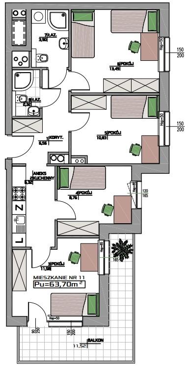 (63,70m2) 4 pokoje z aneksem kuchennym 342 009zł brutto; Mieszkanie