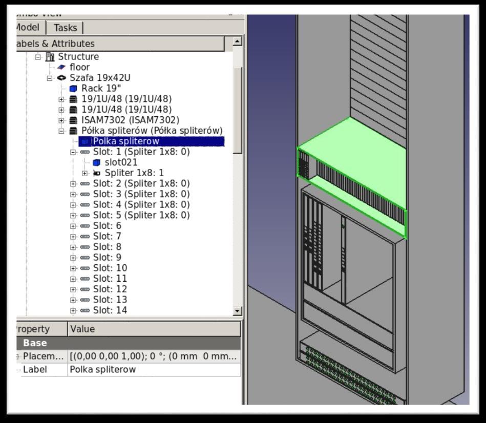 Ewidencja TELCO Inside Plant Moduł ewidencji w narzędziu CAD Wizualizacja urządzenia w widoku 3D, Ewidencja i prezentacja zagospodarowania szaf i stojaków, Gospodarka powierzchnią pomieszczenia,