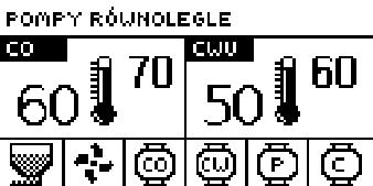 II.10.c) Pompy równoległe W tym trybie praca pomp zaczyna się równolegle powyżej progu załączenia pomp (fabrycznie 40OC). Pompa CO pracuje cały czas a pompa CWU wyłącza się po osiągnięciu temp.