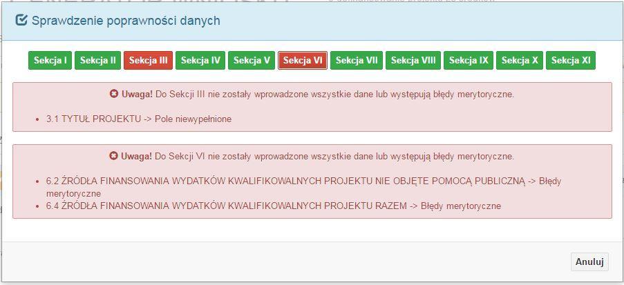 Jeśli nie uzupełniłeś jakiegoś pola lub pole zawiera błąd merytoryczny, to sekcja ta zostanie zabarwiona na czerwono.