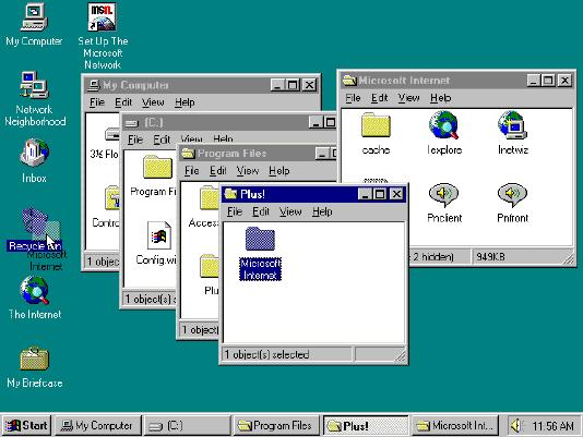 Widok pulpitu MS Windows 95, nowa rewolucyjna forma interfejsu Budowa systemu MS Windows 95 i 98 MS Windows 98 oraz Milenium są to
