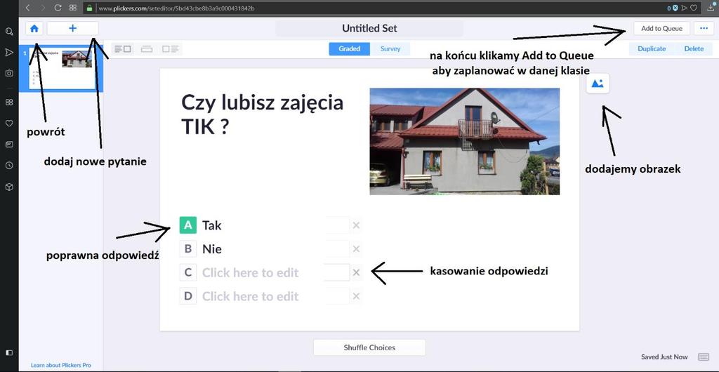 Po utworzeniu klasy musimy przygotować pytania klikamy w lewym górnym rogu New Set Uzupełniamy pytanie